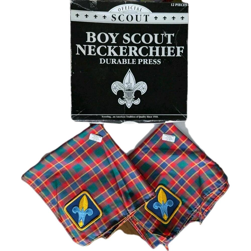 2 Vintage Boy Scout Neckerchief Plaid Webelos Cub Scout Vintage NOS + Free Box